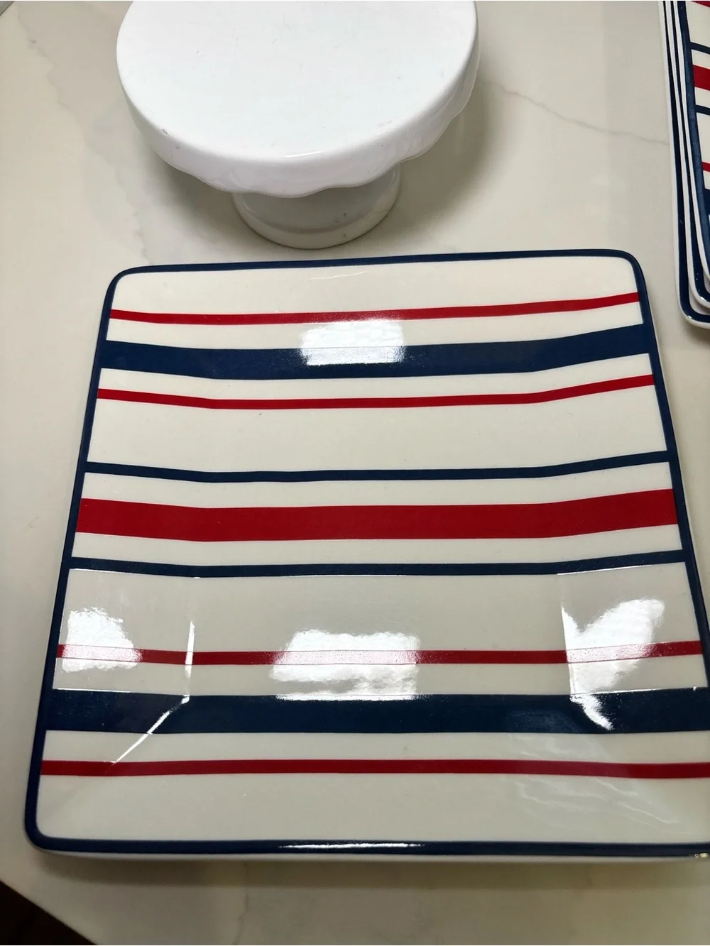 Tommy Hilfiger Square Appetizer 4 Plate Set Red White Blue Striped Ceramic 7”